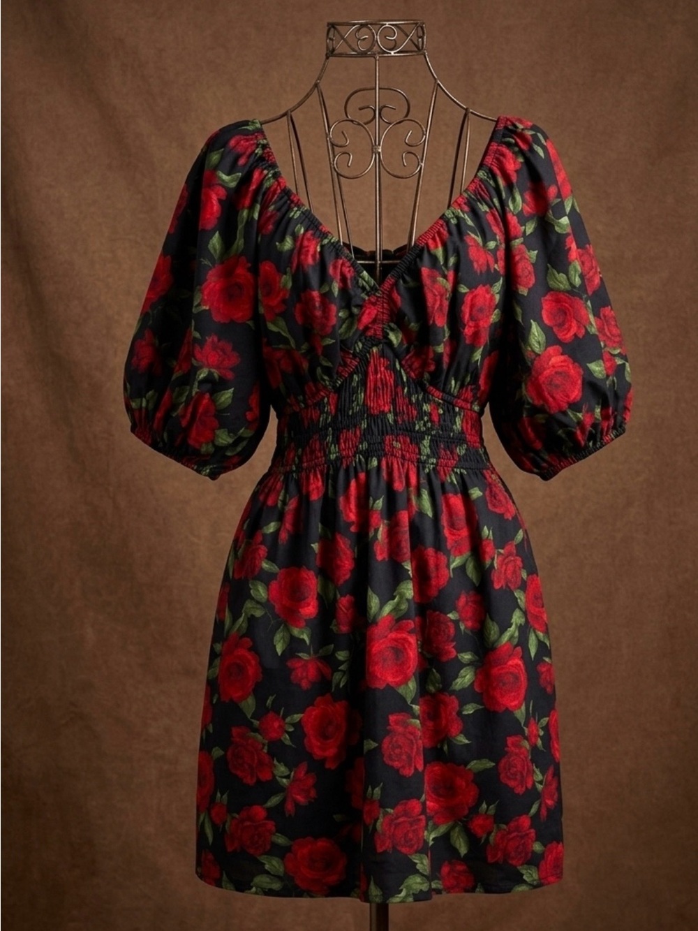 Red Rose Print Puff-Sleeve Short Dress - Women